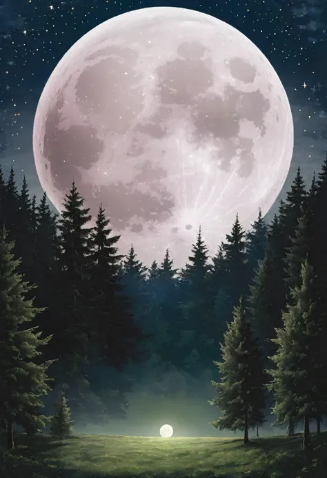 Strawberry Moon, large display in upper half, dark forest in lower half, star-filled sky