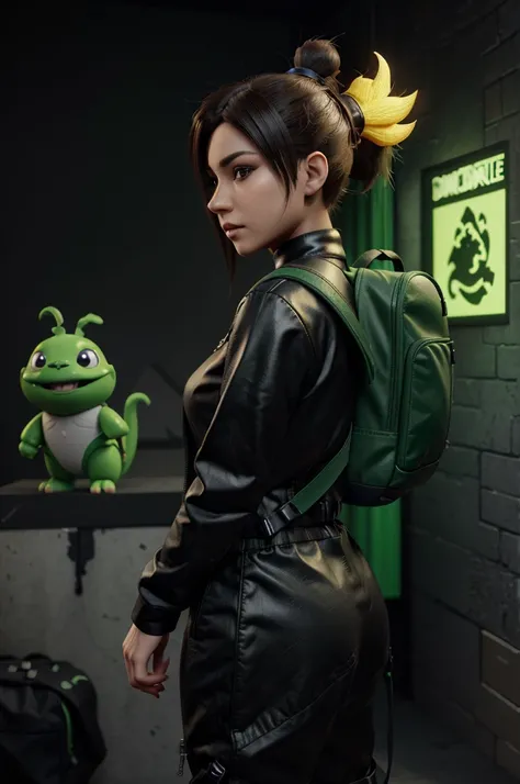 side shot of a green dragon toy with a backpack, little character. unreal engine 5, toonix character, video game character, Toon render keyshot, stylized character, videogame character, Official 3D rendering art., merged character, profile photo 1024px, ca...