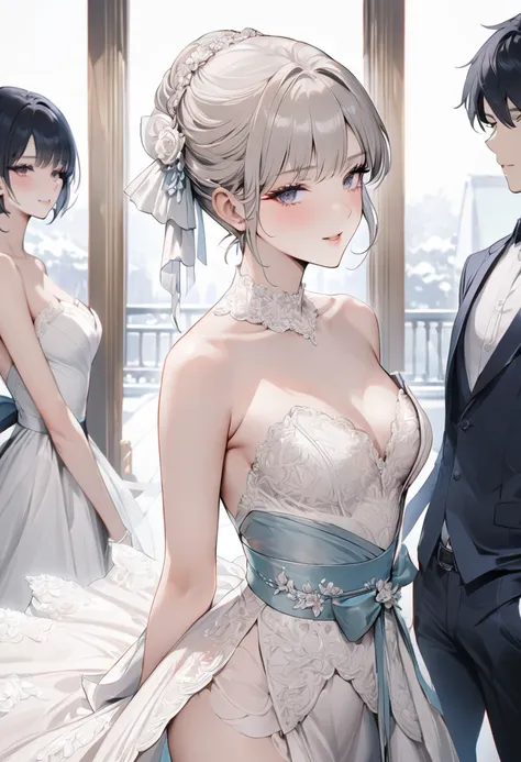 ((Top quality, masterpiece, freak, super resolution)), 1 girl, Japanese model,16 years old,Short bomb hair,An elegant high-low wedding gown with a strapless sweetheart neckline, featuring a fitted bodice embellished with detailed lace appliqués and subtle ...