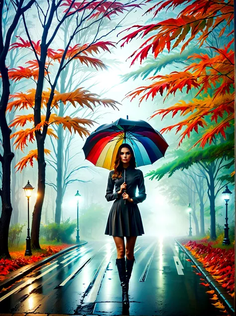 woman in tight dress with umbrella in hand, in einer mistyen stadt, colorful autumn leaves on the street, a picture by kuno veeb...