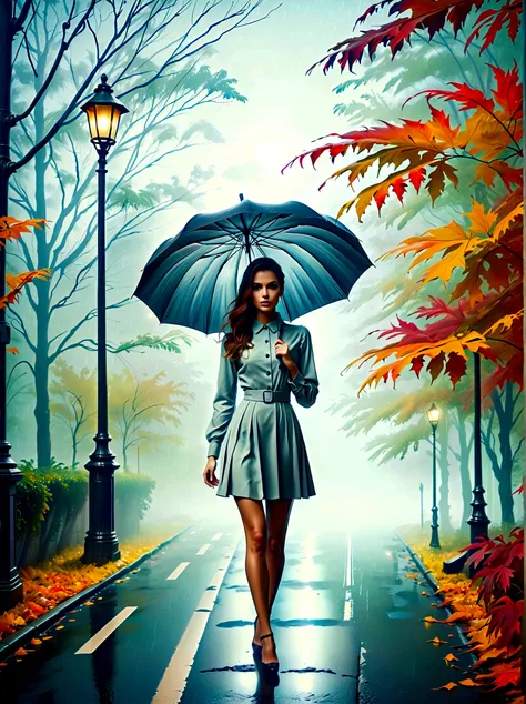 woman in tight dress with umbrella in hand, in einer mistyen stadt, colorful autumn leaves on the street, a picture by kuno veeb...