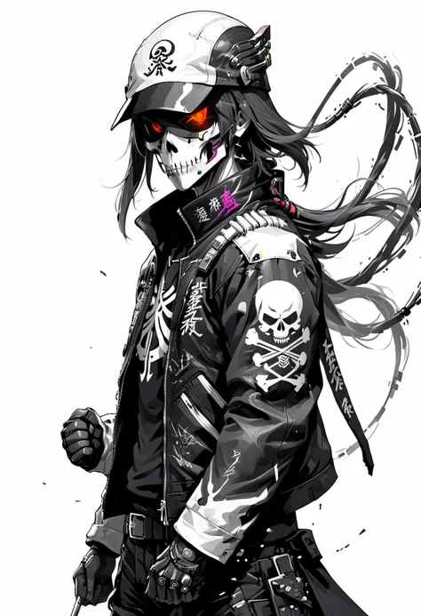 assassinkahb style, a black and white photo of an cyborg samurai assassin wearing a high collar motorcycle jacket with japanese ...