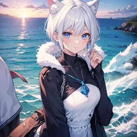 White Hair　blue eyes　short hair　Have　student　Cat ear　nice　Blue Earrings　necklace　gloves　beauty　thin　Sailor suit　Put on a black coat　Fantasy　smile　coastal　sunset　Fluffy hair