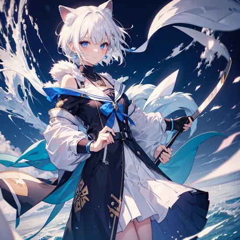 White Hair　blue eyes　short hair　Have　student　Cat ear　nice　Blue Earrings　necklace　gloves　beauty　thin　Sailor suit　Put on a black coat　Fantasy　smile　coastal　sunset　Fluffy hair