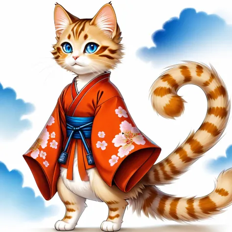 a tabby cat with a soft, fluffy coat, with bright blue eyes that reflect an innate curiosity. he wears a feudal japanese costume...