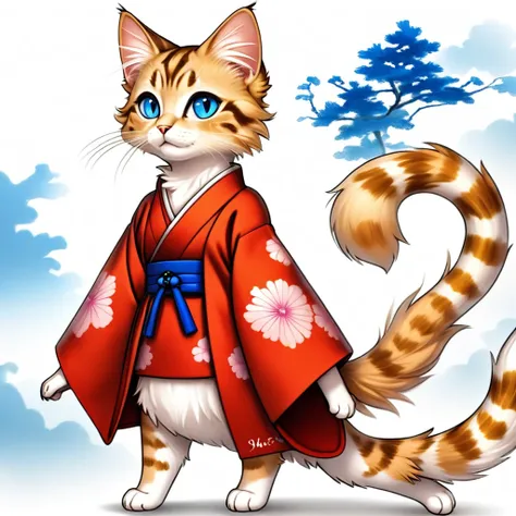 a tabby cat with a soft, fluffy coat, with bright blue eyes that reflect an innate curiosity. he wears a feudal japanese costume...