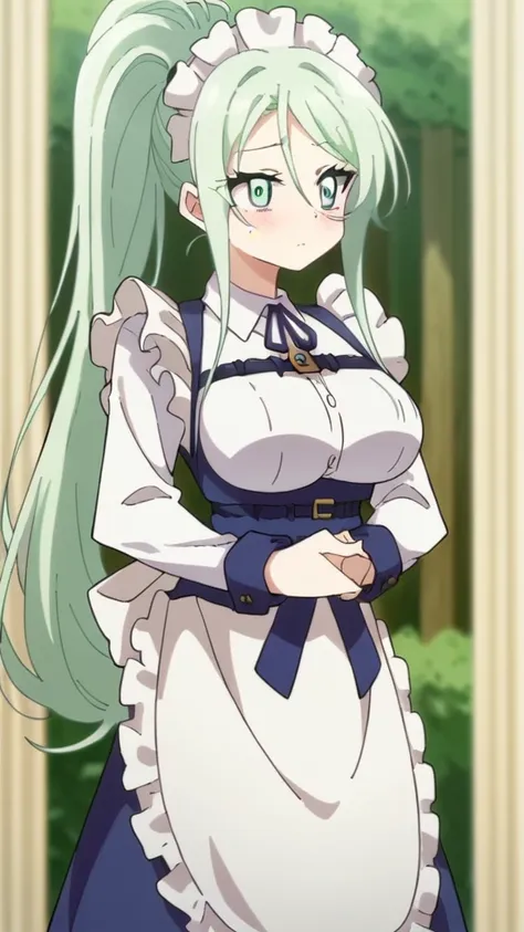 silpha, length_hair, one girl, green_eye, green_hair, alone, blush, big_chest, ponytail   , maid_head ornament, maid, apron, sco...