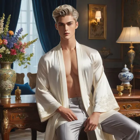 In this breathtaking artwork, miniature doll-sized male models, inspired by the iconic supermodels Sean O’Pry and Lucky Blue Smith, take center stage in a vibrant scene reminiscent of a Ken doll fantasy. With jointed doll features and porcelain-like skin, ...