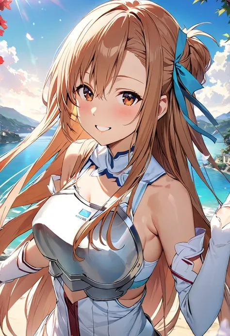 ((masterpiece)), Highest quality, Very detailed,(One Girl),Yuuki asuna、asuna(stay), brown eyes, bare shoulders, breastplate, armor, detached sleeves, gloves, white gloves, (red and white dress), Long Hair, smile, Beautiful background ,Clothing, 