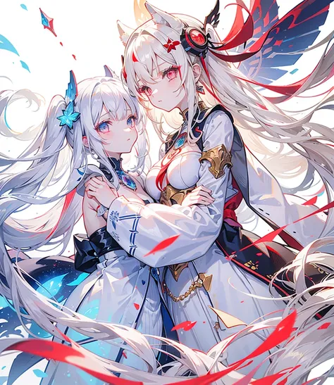 Two girls, one with beige hair and very red eyes, the other with white hair and blue eyes, twin tails, long hair, white background, colorful jewels, light, high quality, hands together, water surface, mecha musume, Colorful portraits 