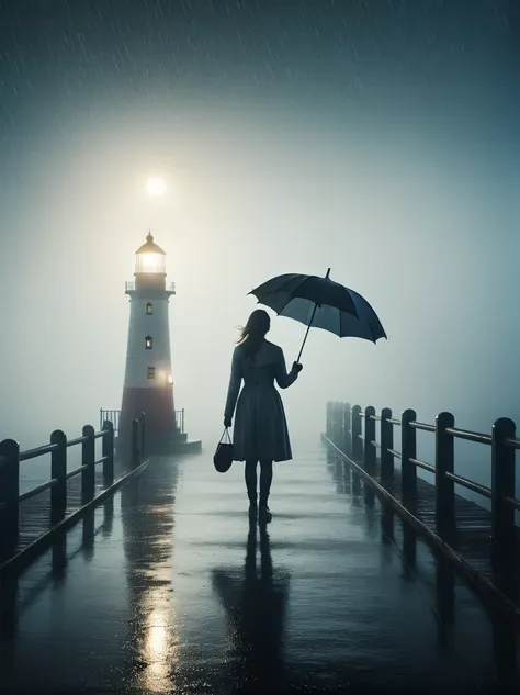 1girl, 独奏, rain, fog, cold, dull, , pier, bay, lighthouse, seaside, the dim light shines in the fog,and the figure stands in the...