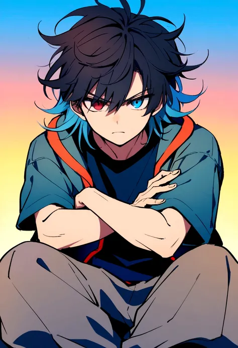 Teenage boy, Messy hair, Medium length hair, black hair with blue highlights, dark brown and blue eyes heterochromia, serious face, dark blue shirt short-sleeved loose jacket, black and very wide pants, red and black sneakers, crossed arms