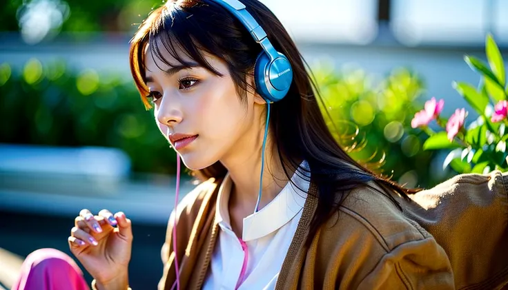 Beautiful girl listening to music with headphones