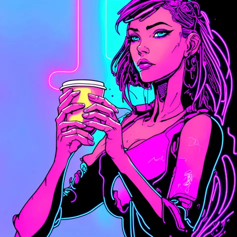 neon girl with a cup of coffee in her hands, cyberpunk art by Galen Dara, trending on cg society, process art, glowwave girl portrait, neon digital art, glowing neon, neon glow concept art, neon outline, neon outlines, neon art style, [ synthwave art style...