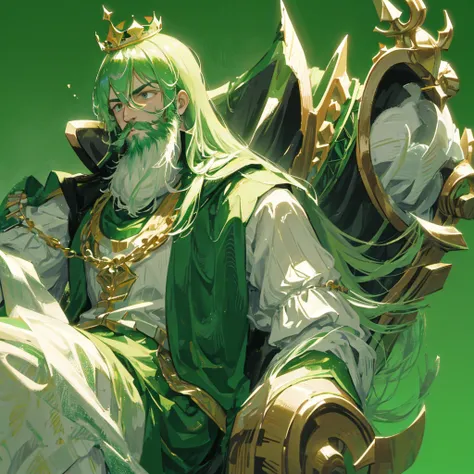 A medieval king，male，Beard，mighty，Wearing a crown，Green tint，((Pure green background))