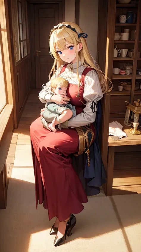 Blonde woman holding her baby daughter, with common clothes inside a house from medieval times 