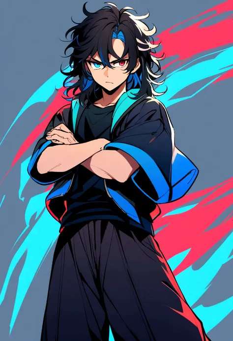 Teenage boy, Messy hair, Medium length hair, black hair with blue highlights, dark brown and blue eyes heterochromia, serious face, dark blue shirt short-sleeved loose jacket, black and very wide pants, red and black sneakers, crossed arms