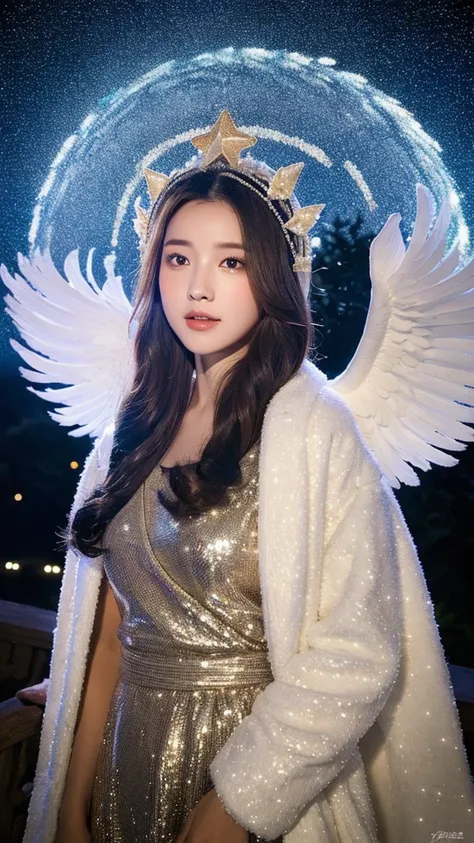 （lifelike， high resolution：1.3）， Star messenger in the night sky：A woman wearing a robe covered with white feathers，Ride a mysterious owl，Flying in the starry night sky。She wears a star-patterned headdress on her head.，Echoing the Milky Way。An ancient obse...