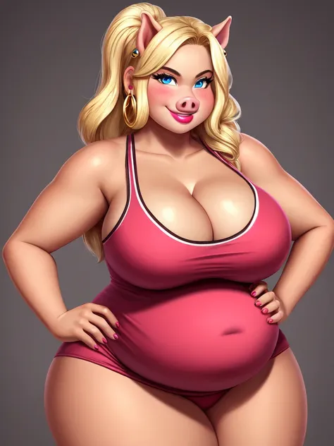 Blonde pig woman, wearing a red tank top, perfect face, blue eyes, big breasts, cleavage, big belly, three-quarter view, solo, smile, perfect detailed body, pink lipstick, gold earring, hand on hips, blushing