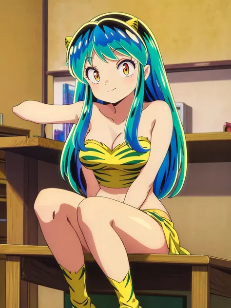 masterpiece, Highest quality, 1 Girl, Lum, Lum_比基尼, anime, Charm, 18-year-old, sexy, blush, Stand with your feet apart,  High definition, From before, Japan, Green Hair, smile, 1980年代animeスタイル