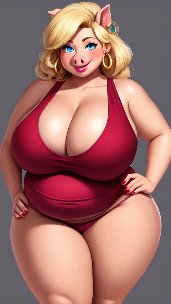 Blonde pig woman, wearing a red tank top, perfect face, blue eyes, big breasts, cleavage, big belly, three-quarter view, solo, smile, perfect detailed body, pink lipstick, gold earring, hand on hips, blushing