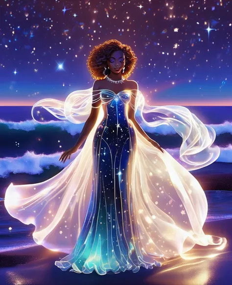 A luminous black woman formed entirely of radiant, twinkling stars, suspended in the celestial expanse, draped in a flowing, ethereal gown that undulates with a life of its own. Her transparent, starry body glimmers with an otherworldly light, as if she is...