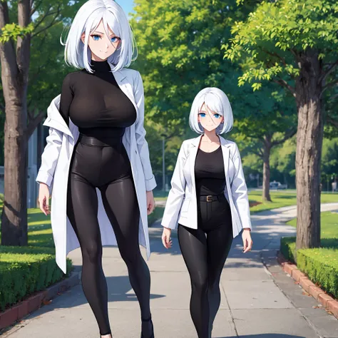 A woman wearing long open white jacket, black shirt, tight black pants, black womens heels, short white hair, ice blue eyes, smiling, sunglasses over her hair, big breasts, walking on a concrete sidewalk, in a park with few trees in the place, wide view of...