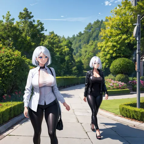 A woman wearing long open white jacket, black shirt, tight black pants, black womens heels, short white hair, ice blue eyes, smiling, sunglasses over her hair, big breasts, walking on a concrete sidewalk, in a park with few trees in the place, wide view of...