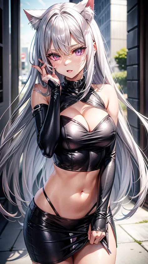 silver hair, pink eyes, sexy outfit, neko