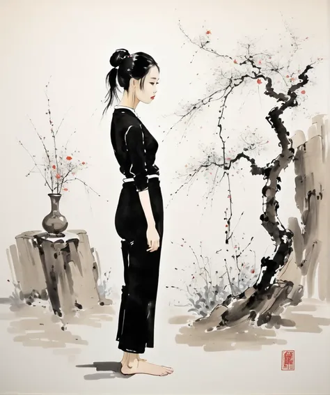 Wu Guanzhong Style - A beautiful painting by Wu Guanzhong, Traditional Chinese ink painting ,   Beautiful 18 year old girl, Model taking photo, studio, glamour posture,whole body, foot, posture, Delicate eyes, Perfect anatomical structure,