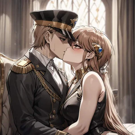 ((Highest quality)), ((masterpiece)), (detailed), （Perfect Face）、The woman is Princess Leona, with medium-long light brown hair, and is wearing a sexy black military uniform and cap for women. In a luxurious room, she is embraced by a strong, dignified, ol...