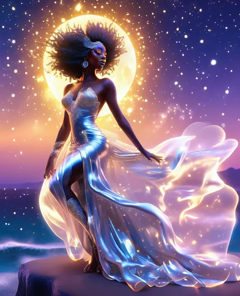 A luminous black woman formed entirely of radiant, twinkling stars, suspended in the celestial expanse, draped in a flowing, ethereal gown that undulates with a life of its own. Her transparent, starry body glimmers with an otherworldly light, as if she is...