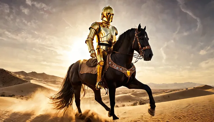 witch, with hood, wears on his face (C3PO mask made of leather) long blonde hair, his hair moves with the wind, full body, rule of thirds, yellow armor, shiny gold, riding a beautiful black horse through a desert, sunset, cinematic, ultra detailed, visuall...