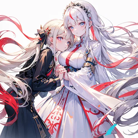 two girls, one with beige hair and very red eyes, the other with white hair and blue eyes, twin tails, long hair, white backgrou...