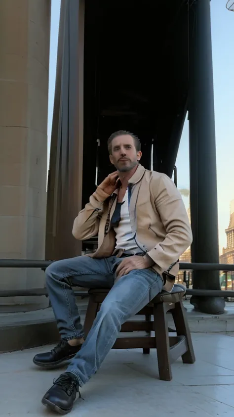 a Candid Photo at 600dpi hyper realistic of a handsome 37-year-old man, comb over hairstylelooking very cool, wearing a jacket with a casual t-shirt, jeans, and shoes. He is sitting riding a Harley Davidson Bobber with a cool yet authoritative expression i...