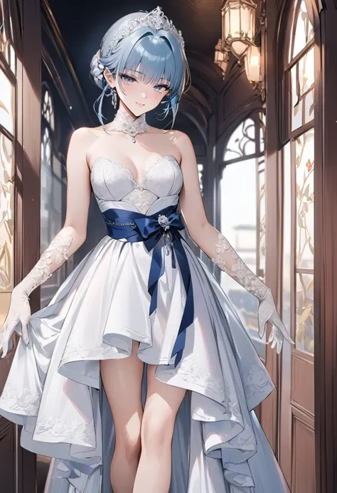 ((Top quality, masterpiece, freak, super resolution)), 1 girl, Japanese model,16 years old,Short bomb hair,((Long transparent lace gloves)),An elegant high-low wedding gown with a strapless sweetheart neckline, featuring a fitted bodice embellished with de...