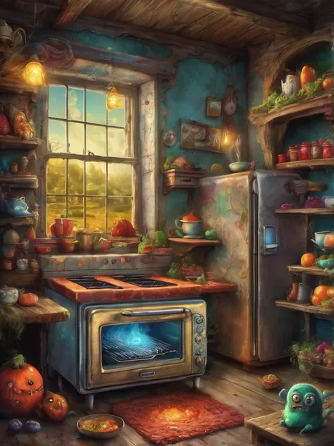 colorful toaster oven monster, Artistically expressed, style:By Alexander Jansson, Stunningly beautiful work, The characters and elements of the landscape fit perfectly within the image frame, Detailed realization, Define high quality, Expressive Face, Sha...