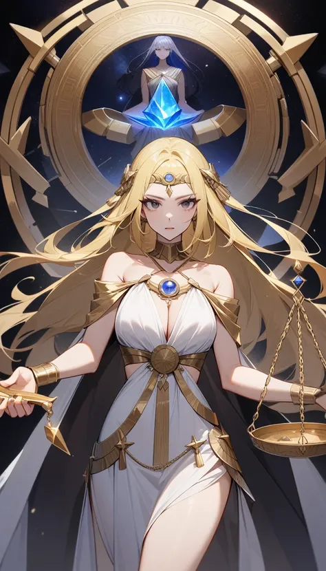 （Huang Li、high quality、Extremely detailed），Constellation - Libra goddess，Huge Libra，Woman holding a scale，Similar to Latin goodness，brave，capricious，Productivity，The face of enterprising and humanitarianism，Long yellow hair，Ancient Greek costumes、Wrap Dres...