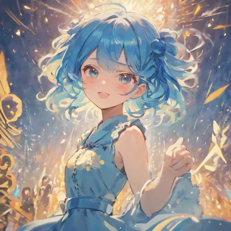 ((higher quality picture)), Japanese girl, beautiful girl, clear, cool, softly smiling, blue hair, natural Curly Hair, fashion model, simple dress, ((Japanese anime style1.8))