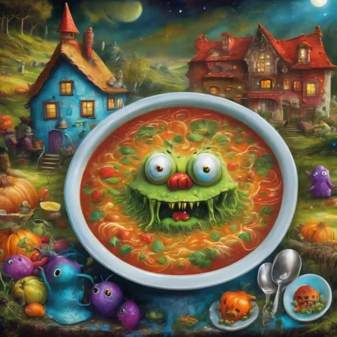 Colorful soup monster, Artistically expressed, style:By Alexander Jansson, Stunningly beautiful work, The characters and elements of the landscape fit completely within the image frame, Detailed realization, Define high quality, Expressive Face, Sharp eyes...