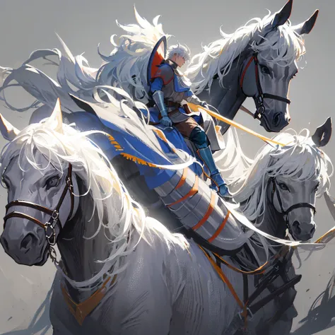 Medieval Cavalry，mighty，divinity，Men with short white hair，Wearing armor，((Plain gray background))