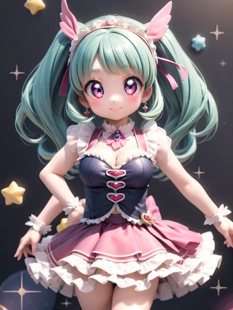 ((Highest quality)), ((masterpiece)), (be familiar with), (3d), Perfect Face, Big eyes, Drooping eyes, eyelash, The sparkling light of the eyes, (precure), (Aikatsu!), idol magical girl, lolita fashion, (mini skirt), big breasts, shy smile, closed mouth