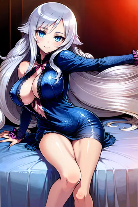 (((1 girl))), ((detailed blue eyes)), ((long silver hair)), large breasts, curvy hips, perfectly drawn body, seductive smile, nightgown, laying on a bed, best quality, masterpiece, ultra-detailed