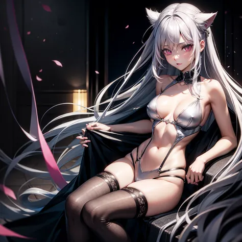 Silver hair, pink eyes, body, neko, sexy