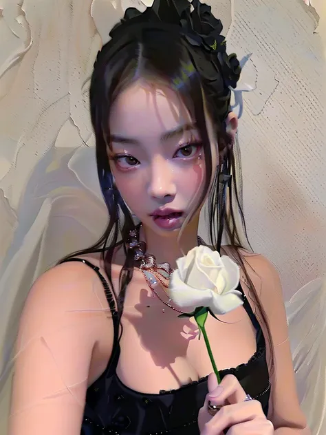 arafed woman with a rose in her hand and a necklace around her neck, blackpink jennie, jossi of blackpink, portrait of jossi of blackpink, roseanne park of blackpink, cruel korean goth girl, jinyoung shin, junko enoshima, shikamimi, chiho, with flowers, pr...