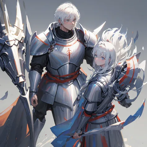 Medieval guards，warrior，mighty，divinity，Men with short white hair，Wearing armor，((Plain gray background))