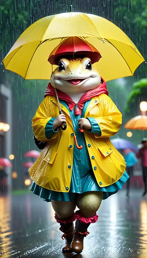 Realistic portraits of animals in clothes - ((Fat)) ((toadstools)) Dancer,(Holding an umbrella:2.0), (dynamic dancing:2.0), (Jumping in the rain :2.0),(Happy smile:1.5),high quality,(Happy),(Lovely) ,Intricate details, (She got wet in the heavy rain), Very...