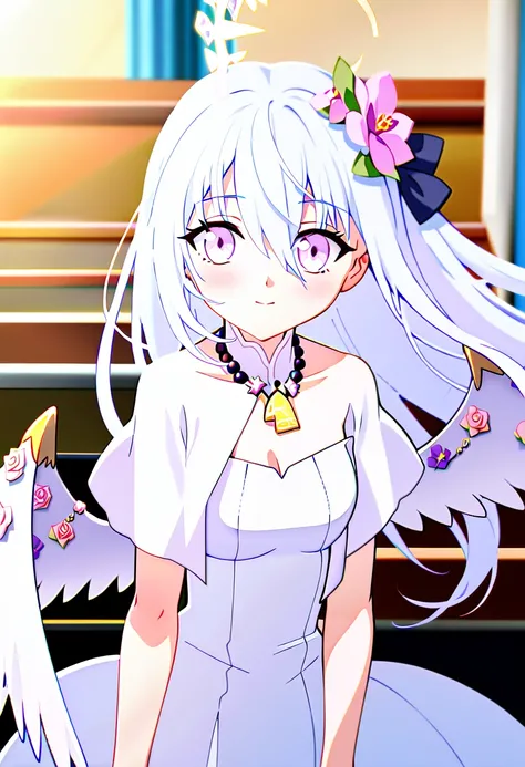 azusa (blue archive),1girl 1other alternate_costume angel_wings bare_shoulders blush bouquet breasts bridal_veil bride cleavage closed_mouth collarbone dress feathered_wings flower hair_between_eyes halo holding holding_bouquet jewelry long_hair looking_at...