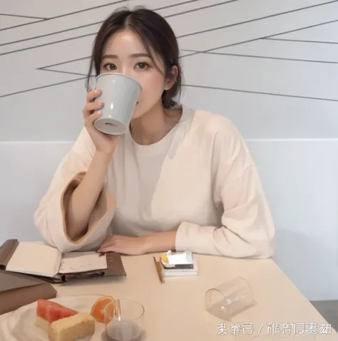 a beautiful asian woman sitting at a table, long straight black hair in a ponytail, fluffy hair, holding a cup of coffee, wearing a fashionable short sleeve shirt, (best quality,4k,8k,highres,masterpiece:1.2),ultra-detailed,(realistic,photorealistic,photo-...