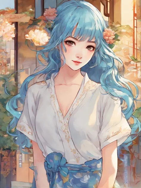 ((higher quality picture)), Japanese girl, beautiful girl, clear, cool, softly smiling, blue hair, natural Curly Hair, fashion model, simple dress, ((Japanese anime style1.8))